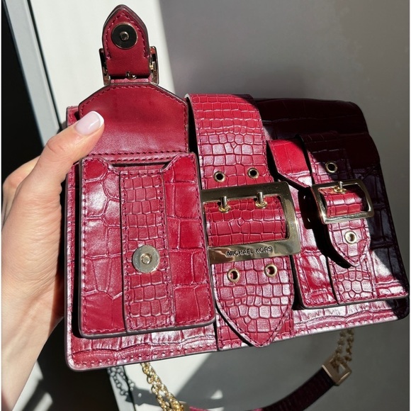 Michael Kors Embossed Gold Chain Leather Bag in Burgundy - Picture 16 of 17